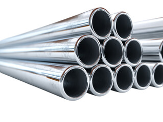Shiny metal pipes stacked industrial chrome tubes background gray steel on transparent background