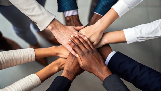 Diverse hands coming together in collaboration, symbolizing teamwork and unity in a professional setting.