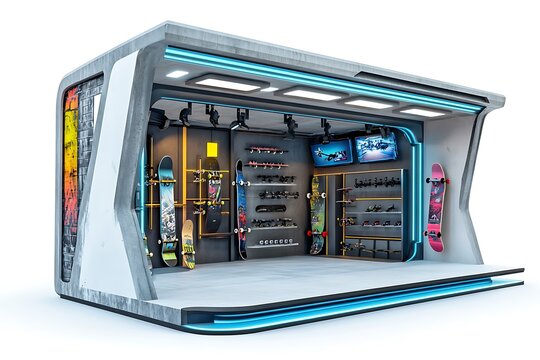Hovering Skateboards in Futuristic Skate Shop with Sleek Design - Powered by Adobe