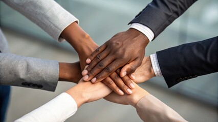 Hands united in collaboration, symbolizing teamwork and unity in a professional setting.