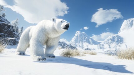 Majestic polar bear stands proud in a snowy mountain landscape.