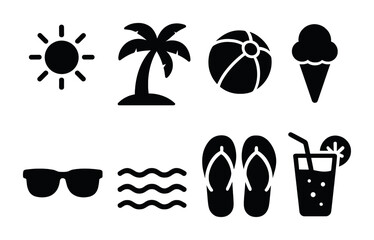 Summer and beach silhouette icons – solid style vacation, leisure, and relaxation symbols for travel planning: sun, palm tree, beach ball, ice cream, sunglasses, waves, flip flops, drink.