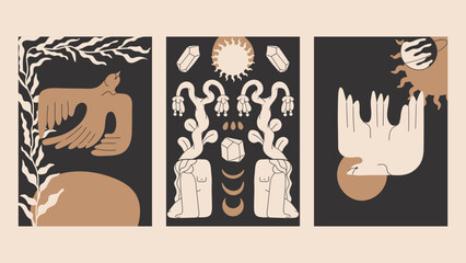 Magic abstract modern feminine figure women, birds