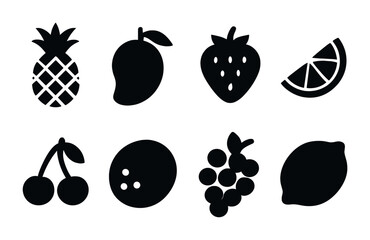 Fruit silhouette icons set – solid style for healthy eating and diet concepts: pineapple, mango, strawberry, orange slice, cherry, coconut, grapes, lemon.