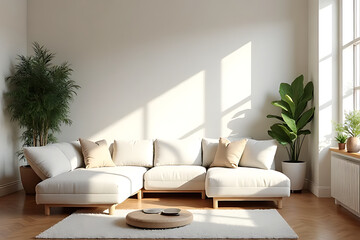 Fototapeta premium Minimalist Scandinavian living room with neutral tones, soft textures, natural light streaming through large windows
