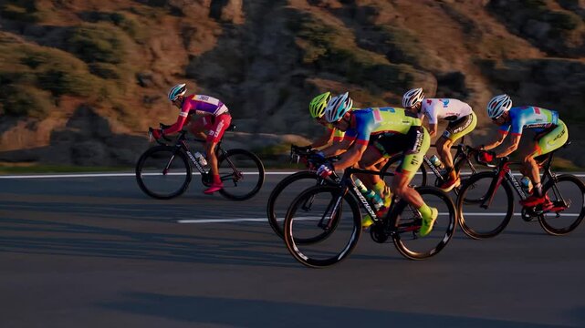 Group of cyclists sprint along coastal road beside towering cliffs; cyclists lean into smooth asphalt, cyclists chase victory against roaring waves. Endurance-race concept