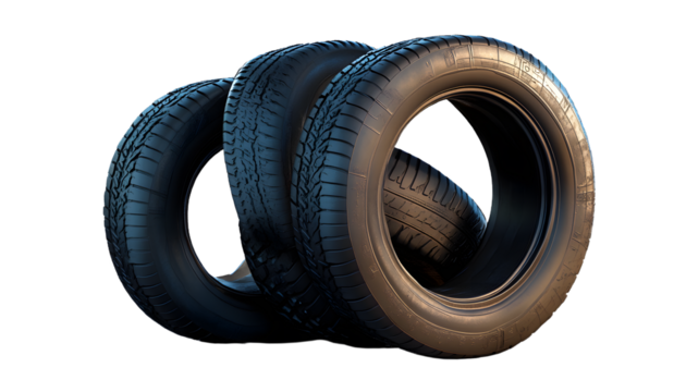 four black car tires stacked on top of each other on a transparent background