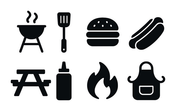 Outdoor barbecue solid icons set – filled style bbq, grilling, and picnic symbols for summer cooking: grill, spatula, burger, hotdog, picnic table, ketchup, fire, apron.