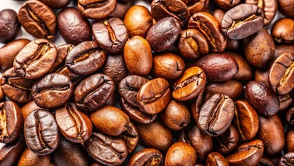 Fototapeta premium Roasted Coffee Beans, Top View, White Background, Detailed Macro Photography, High-Resolution Image