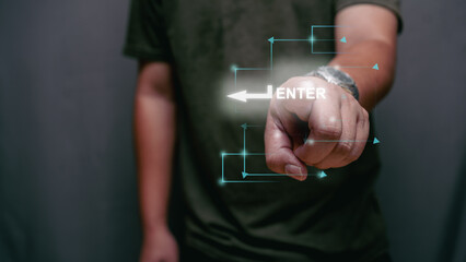 Hand pointing to a virtual ENTER button, symbolizing technology, innovation, and digital access. Perfect for concepts of login, start, and user interface in modern technology.
