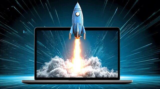 Rocket ship blasting off from laptop screen, representing launch & success