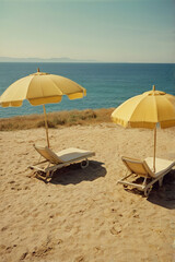 Retro style image of parasol on the sandy beach	