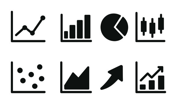 Finance and analytics filled icon set &ndash; solid style for budgeting, data visualization, and market analysis: line chart, bar graph, pie chart, candlestick, scatter plot, area chart, upward arrow
