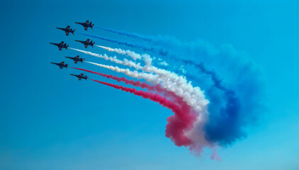 Military planes leaving red white and blue smoke arc in sky during bastille day celebration in france