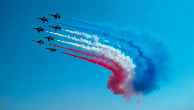Military planes leaving red white and blue smoke arc in sky during bastille day celebration in france