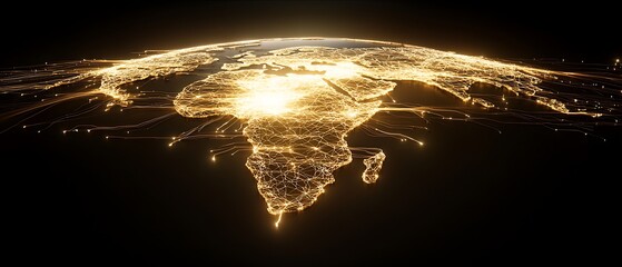 Nighttime infographic africa's digital transformation and global connections illuminated aerial view
