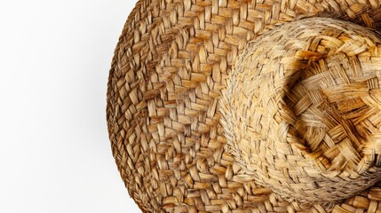 A top view of a woven straw hat, showcasing its intricate design and natural texture.
