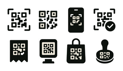 Qr code icon set – solid style tech and scan symbols for digital security: qr code, smartphone, receipt, monitor, shopping bag, stamp.