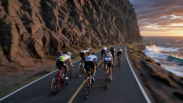 Tightly packed road racers accelerate through cliff shadow; road sprint explodes with raw power, road sprint highlights elite speed training. Speed-fitness concept