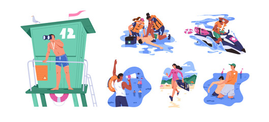 Set of lifeguard on the water. Beach guards are watching at people on sea, help drowning men and women and rescue lives. Safety on the ocean. Flat isolated vector illustrations on white background