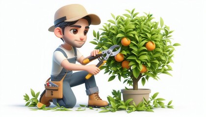 Gardener pruning orange tree orchard illustration bright environment close-up horticulture
