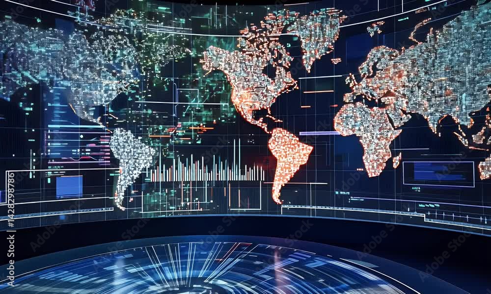 Wall mural a digital world map with various data points and charts overlaying it, indicating global cyber attac