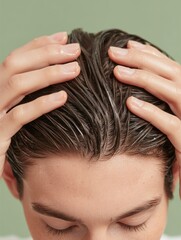 Fototapeta premium Person applying hair oil to their wet hair.