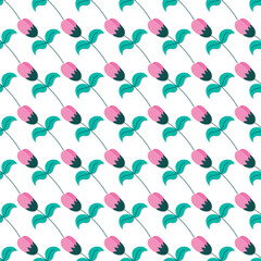 Seamless Pattern of Pink Tulips With Green Leaves on White Background