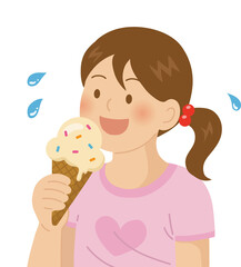 Vector Illustration of a girl eating ice cream in the summer heat 