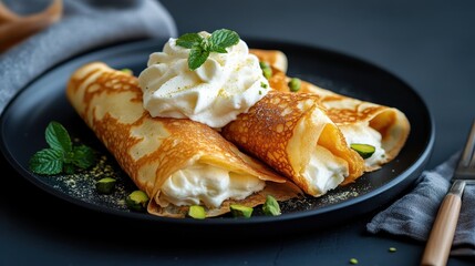 Three rolled pancakes filled with cream and adorned with a dollop of whipped cream and mint, offering a visually appealing and delectable treat for any occasion.