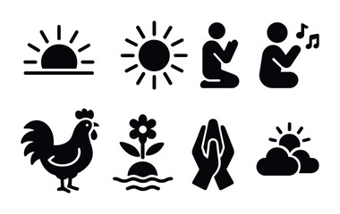 Fototapeta premium Sunrise and morning rituals silhouette icons set – solid style meditation, spirituality, and nature symbols: sunrise, sun, meditation, prayer, rooster, flower, hands, clouds.