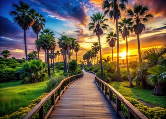 Obraz premium Silhouette Boardwalk Tropical Garden, Cypress Palms, Sunset, Portrait Photography