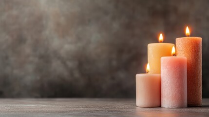 Four rustic candles are artfully arranged on a textured surface, casting a warm light and evoking a cozy, inviting atmosphere for any occasion.