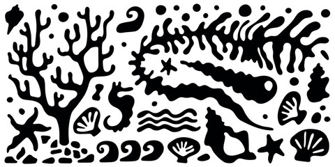Wavy summer vector set with coral, seaweed, shells, and marine elements for textile, apparel, poster design, packaging and tropical themed visuals, summer holiday banner — black templates