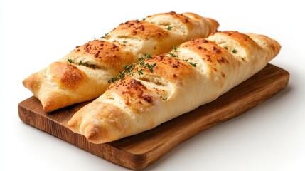 Delicious golden-brown bread sticks with a crispy surface, topped with herbs and melted cheese, perfect for an appetizing snack or side dish to meals.