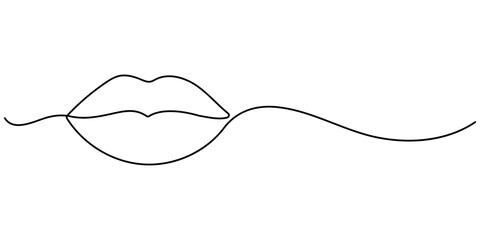 Lips continuous one line drawing. Woman lips logo on white background, Concept symbol of makeup and lipstick in simple linear style. Vector illustration.                         