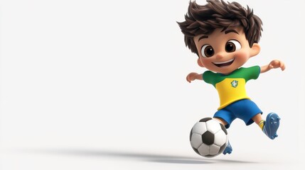 Joyful Cartoon Boy Kicking Soccer Ball on White Background