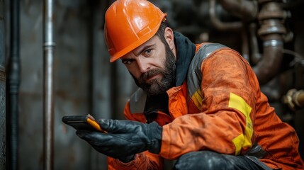 A determined mechanic in an orange safety ensemble sits thoughtfully with tools, showcasing the essential role of tradespeople in maintaining industrial systems.