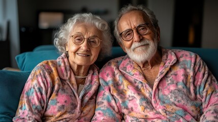 An endearing moment captured of an elderly couple in cozy colorful robes, showcasing their joy in companionship and love as they share a heartfelt smile together on the couch.