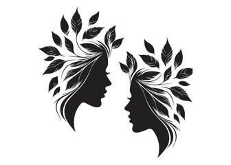 Beautiful women head and leaves logo design vector, beauty woman hair leaf logo, women beauty logo and vector silhouette, Black silhouette of a womans profile with leaves on white background.