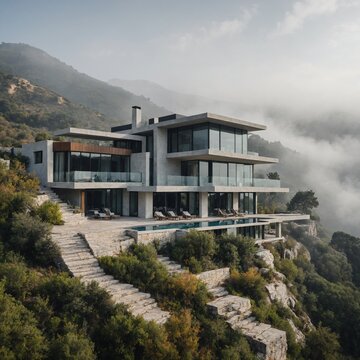 A modern villa nestled in Patriata Hills, surrounded by mist, white background