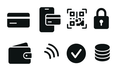 Fototapeta premium Secure payment and finance icon set – solid style banking, transactions, and security symbols for e-commerce: credit card, mobile payment, qr code, lock, wallet, nfc, check, coins.