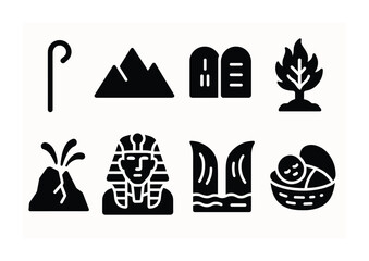 Ancient egypt solid icons set – filled style history, mythology, and culture symbols for educational design: pyramid, pharaoh, sphinx, hieroglyph, papyrus, ankh, scarab, eye of horus.