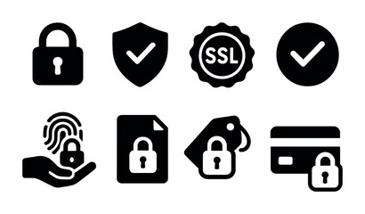 Cybersecurity protection icon set – solid style security, data privacy, and online safety symbols: padlock, shield, ssl, checkmark, fingerprint, secure document, tag, credit card.