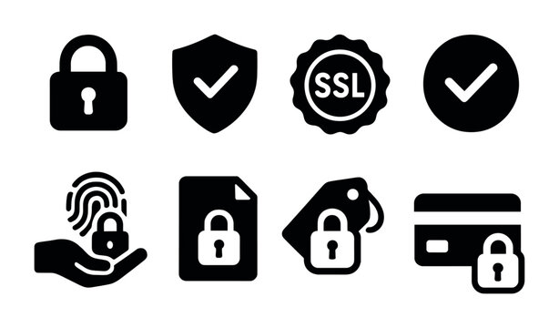 Cybersecurity protection icon set &ndash; solid style security, data privacy, and online safety symbols: padlock, shield, ssl, checkmark, fingerprint, secure document, tag, credit card.
