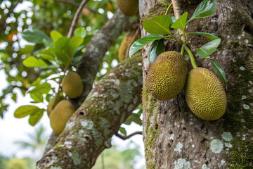 Juicy Jackfruit Fruits Hanging from a Lush Tropical Tree