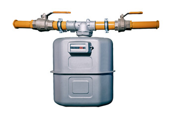 Gas meter featuring two yellow pipes and ball valves, accurately measuring gas consumption against a clean white background