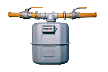Gas meter featuring two yellow pipes and ball valves, accurately measuring gas consumption against a clean white background