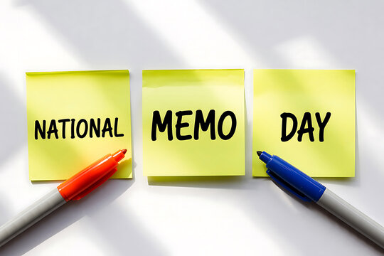 Celebrate National Memo Day Three yellow sticky notes announce the special day with orange and blue markers adding a pop of color against the bright white background Sunlight