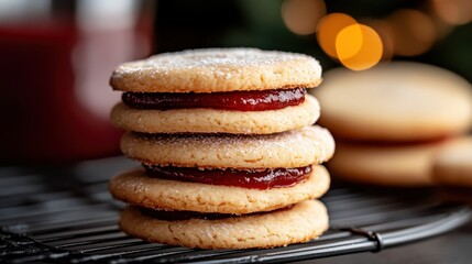 A stack of delightful cookies filled with vibrant jam and dusted with sugar sits beautifully, evoking warm feelings associated with holiday treats and cozy moments.